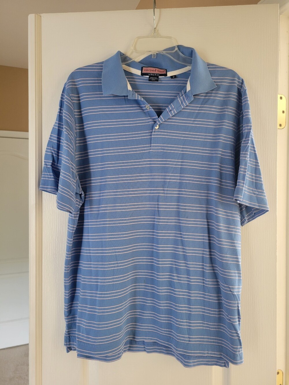 Vineyard Vines Polo Shirt Mens Medium M Blue White Striped Short Sleeve Golf